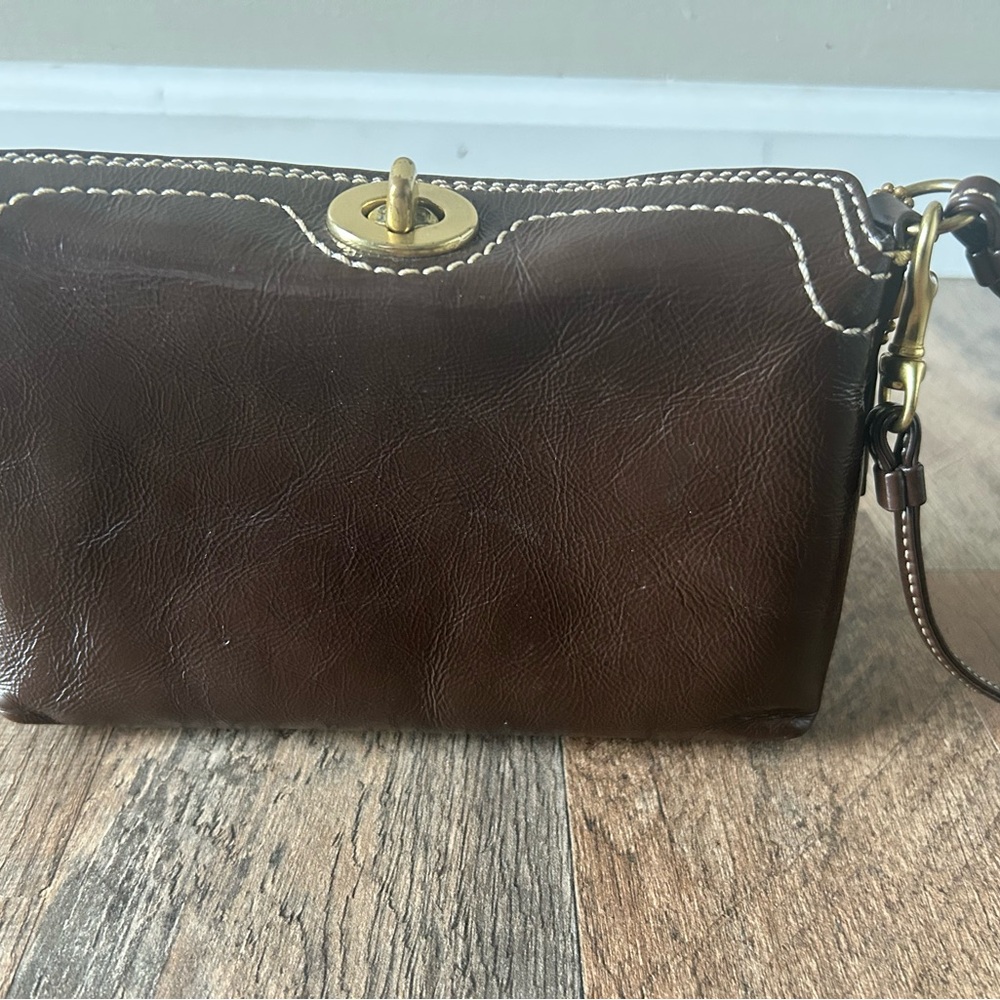 Coach Brown Leather Wristlet with Gold Accents